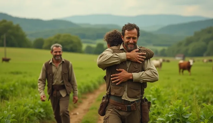 A 25-year-old man with torn clothes is dirty, arriving at a large farm that is all green and full of plantations and cattle, and his father comes to him and embraces him. 