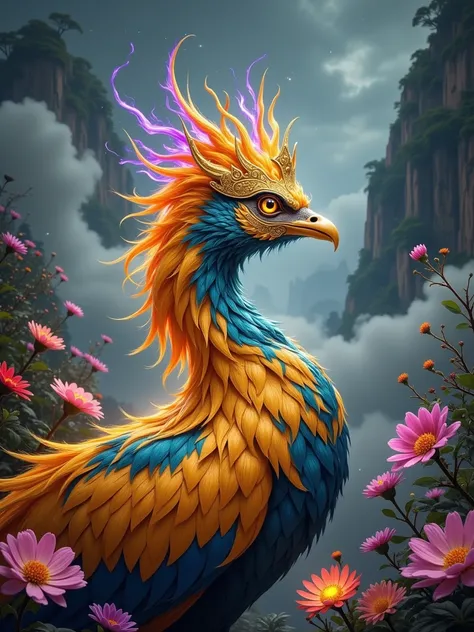  In the 8k high-definition picture ， A phoenix head with a gorgeous gold crown standing gracefully in the clouds， The golden crown emits a mysterious purple glow 。 The phoenixs feathers are colorful ，Shimmering with a strange light。 Surrounding it is a dre...