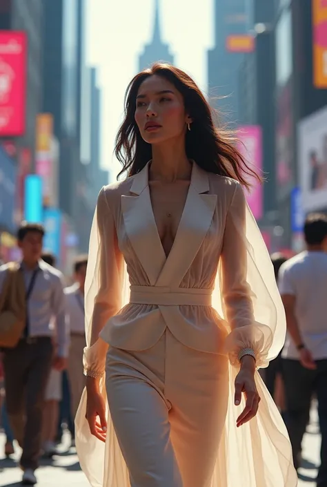 Thai woman, sheer suit, city