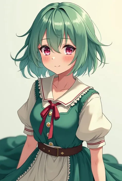 Pretty girl,  The hair color is slightly dark between mint and green, Short hair, Medieval commoner costume ,  sharp impression, Pink Eyes, Four legs, anime, A slightly more cloudy hair color, Commoner costume without money