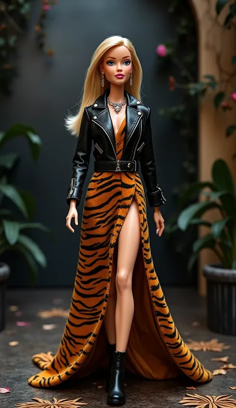 Barbie wearing a long tiger print dress with black boots. Barbie struts elegantly on a stunning fashion set in black leather jacket, long jungle stained dress, tough look, by Emma Andijewska, by Adam Saks, by Joseph Bowler, by Leo Goetz, by Emanuel Witz,Fu...