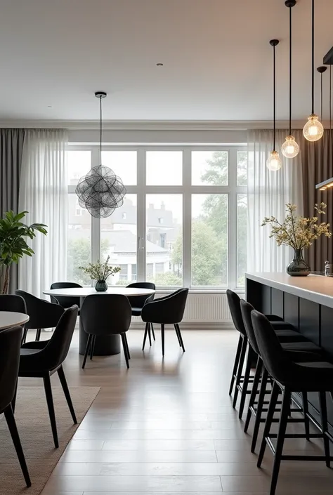 Beautiful modern medium size dining room design simple black and white tone from outside the bar looking in