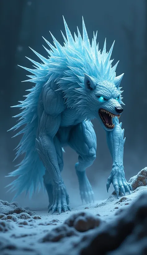 A monstrous crystalwolf hybrid with jagged, crystalline spikes protruding from its back. Its glowing blue eyes and frosty breath chill the dark, frozen wasteland around it.
