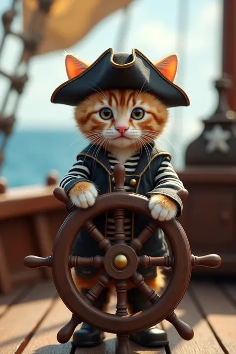  The kitten is dressed in a pirate uniform. And take the helm 