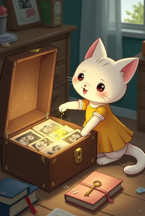 Cute humanoid white cat wearing yellow frock, is sitting on the floor with the chest open. Inside, there are faded photos, an old diary with dust on its cover, and a glowing golden key resting on top. Minni looks amazed, with her paw reaching for the key.