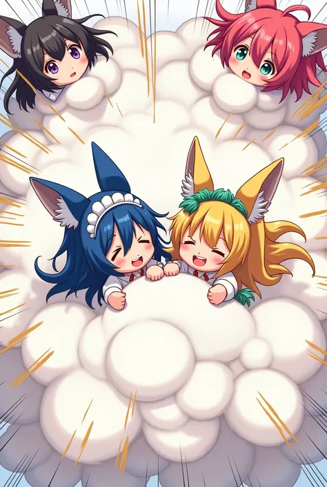 An anime-style comic depicting many animal-maids playfully wrestling with each other inside a comical fight cloud.
each maid has different  colored hair.
their faces,hands,and feet are visible emerging from the cloud as they tussle humorously,  with the re...