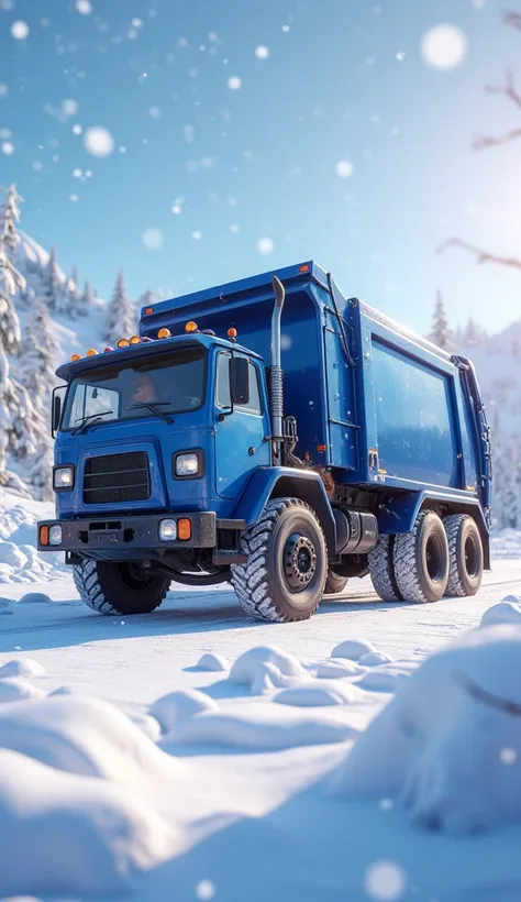 make a blue garbage truck on the snow