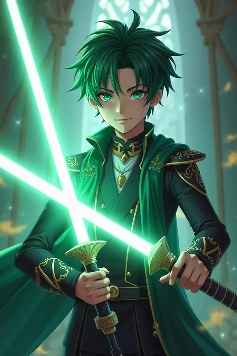 Boy anime with green hair tips, white lightsaber, male, twenties and have a "PRINCE"in her name and background name is"EOTC"