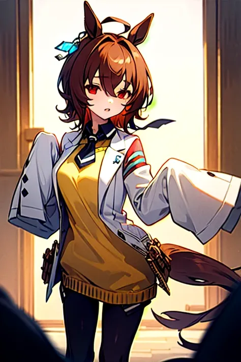  agnestachion、Horse Girl、 girl、一人の girl、Horse ears、Horse tail、 earring on one side 、Red eyes、 short hair、 brown hair、White、bigger sleeve than wrist 、 yellow big sweater 、 ties、 black pantyhose、Stray hair、best qualty,