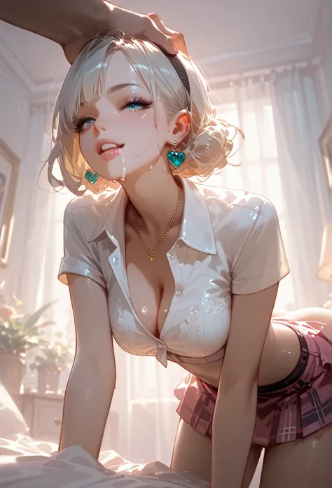 Perfect face, perfect anatomy, best quality, young woman standing slightly bent over, very short skirt, white button up crop top showing lots of cleavage, v, no underwear, being fucked doggy style, wild with lust, he explodes hot cum inside her