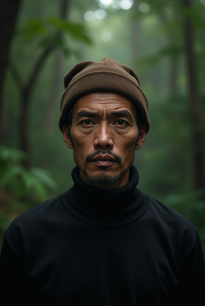 Real human photo, An Indonesian 40 years  old man wearing  black sweater, brown beannie,  with a pale face and an expressionless gaze staring intensely, background forest. Facing forward.

