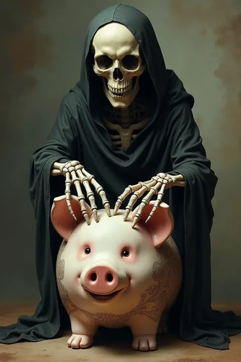 Skeleton and the person at the head of the piggy bank

