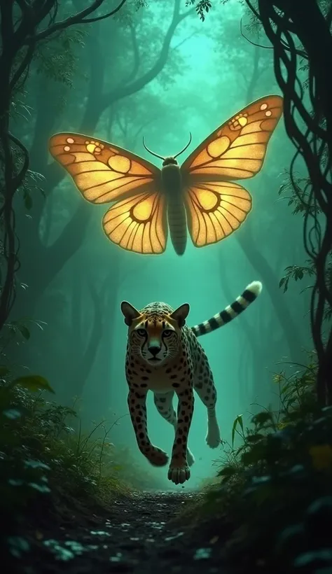 A sleek cheetah sprints through a dark jungle, pursued by a colossal moth with glowing, patterned wings. The jungle glows faintly with eerie green light as the chase unfolds.
