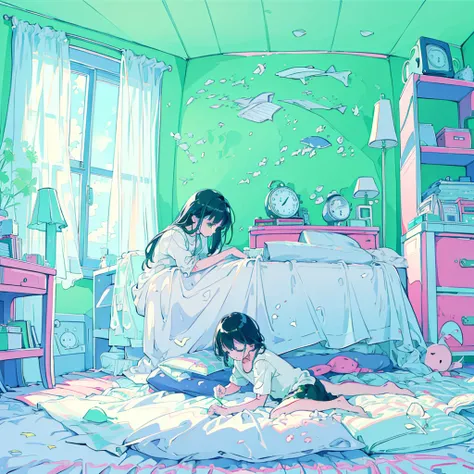 (masterpiece, best quality),Early in the morning, a girl and her kitten wake up from bed while rubbing their sleepy eyes. Simple line art, simple green background, minimal.