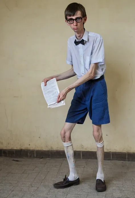 ((Side pose)) extremely thin and ugly young man, emaciated and starving, weighing only 30 kg, 1.6 m tall. He has very thin arms, is badly injured, wears a school uniform, blue shorts, black shows and a white shirt and his legs are very thin. The man is pal...