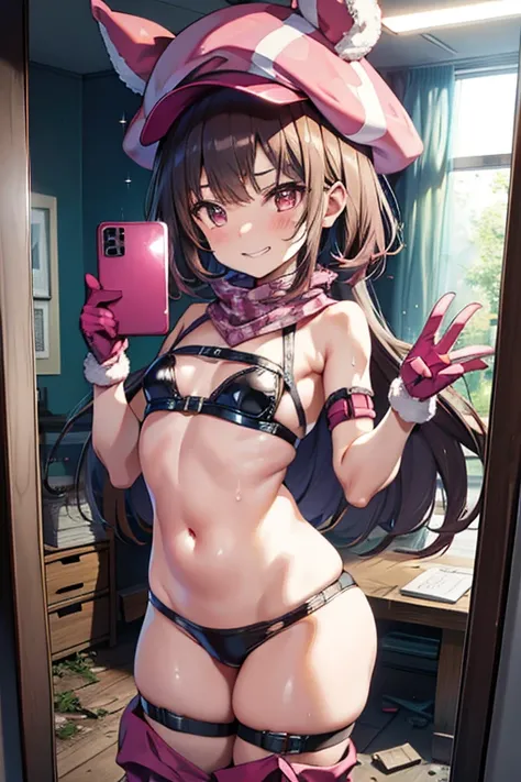 holding phone,　(Selfie),(mirror), (cowboy shot), standing, Large mirror,　mirror Selfie of 1woman,
seductive grin smug, embarrassed, blush, drunken eyes,　
Llenn,anime style,(( best quality)), ((masterpiece)),( Details), high definition ,Sharp focus, perfect...