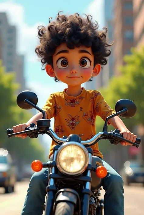 A boy with Curly Hair, whose shirt is called Aarnava, is on top of a bike