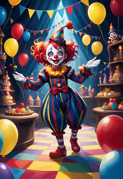 a dark blue, red and yellow striped place with a cute cute clown smiling colorful in a magical enchanting cheerful place 