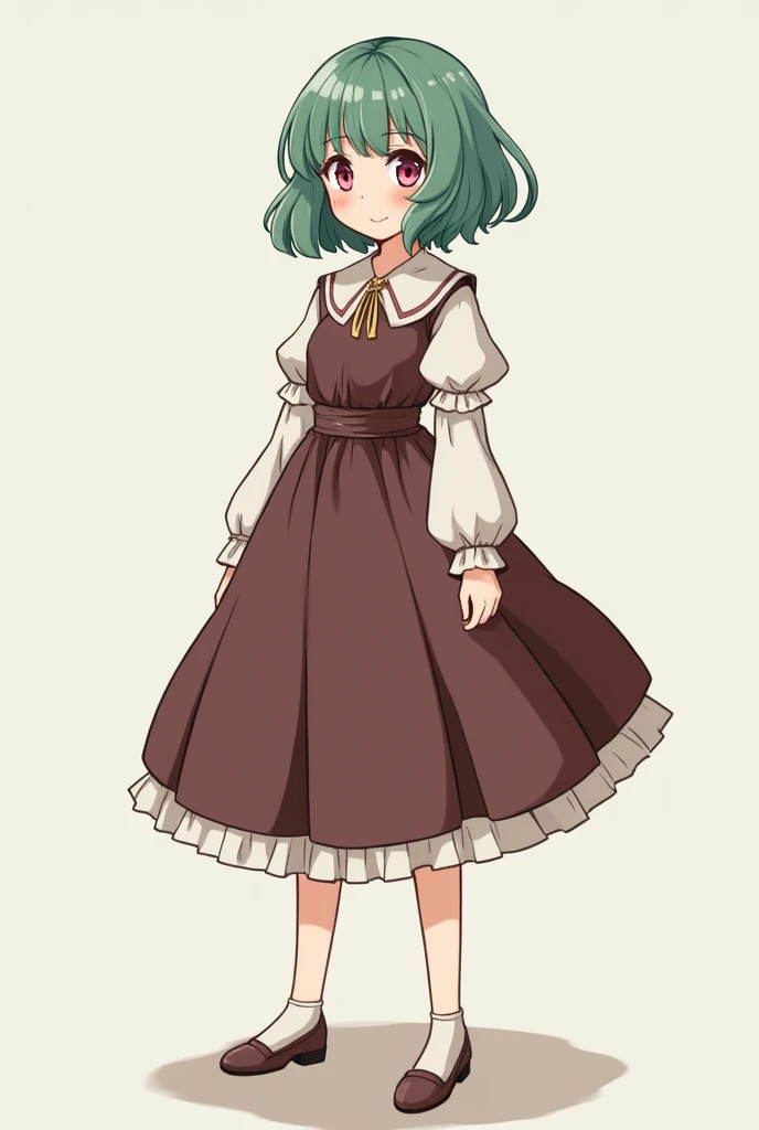 Pretty girl,  The hair color is slightly dark between mint and green, Short hair, Medieval commoner costume ,  sharp impression, Pink Eyes, Four legs, anime, A slightly more cloudy hair color, A commoners costume with no money, a brown dress over a white b...