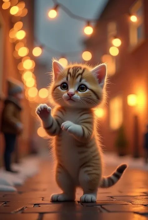 A very cute kitten is standing on its back legs
Christmas lights in the background
Im wearing clothes that look very warm