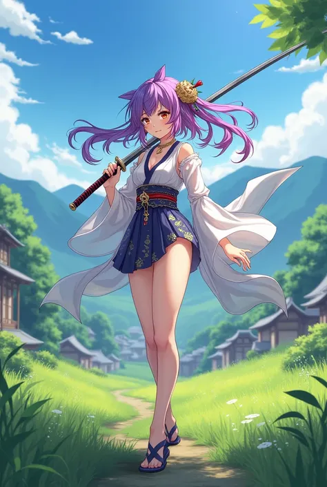 Katana rainbow haired girl sexy feminim face wearing kimono transparent clothes on the mountain village background grass field anime 