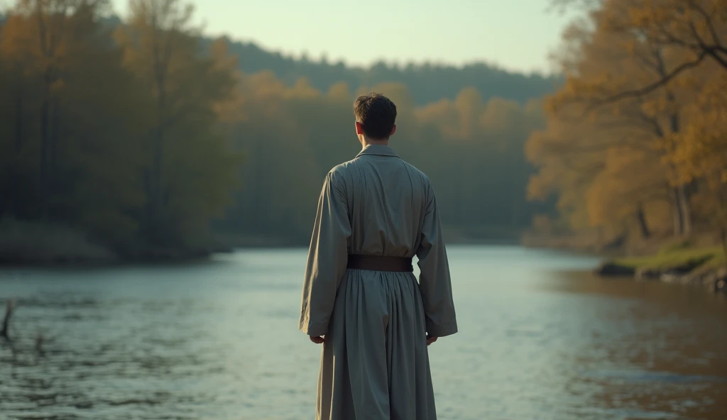  A man standing by a river , wearing gray biblical robe ,  immersed in deep thoughts ,  background of trees and a soft light that falls on the water, long shot,  hyper-realistic style , photo realism, cinematography.