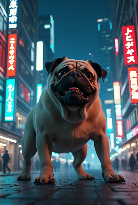 Japanese SFX 　monster　Pug　Tokyo cityscape　Best quality night view,  high detail, 