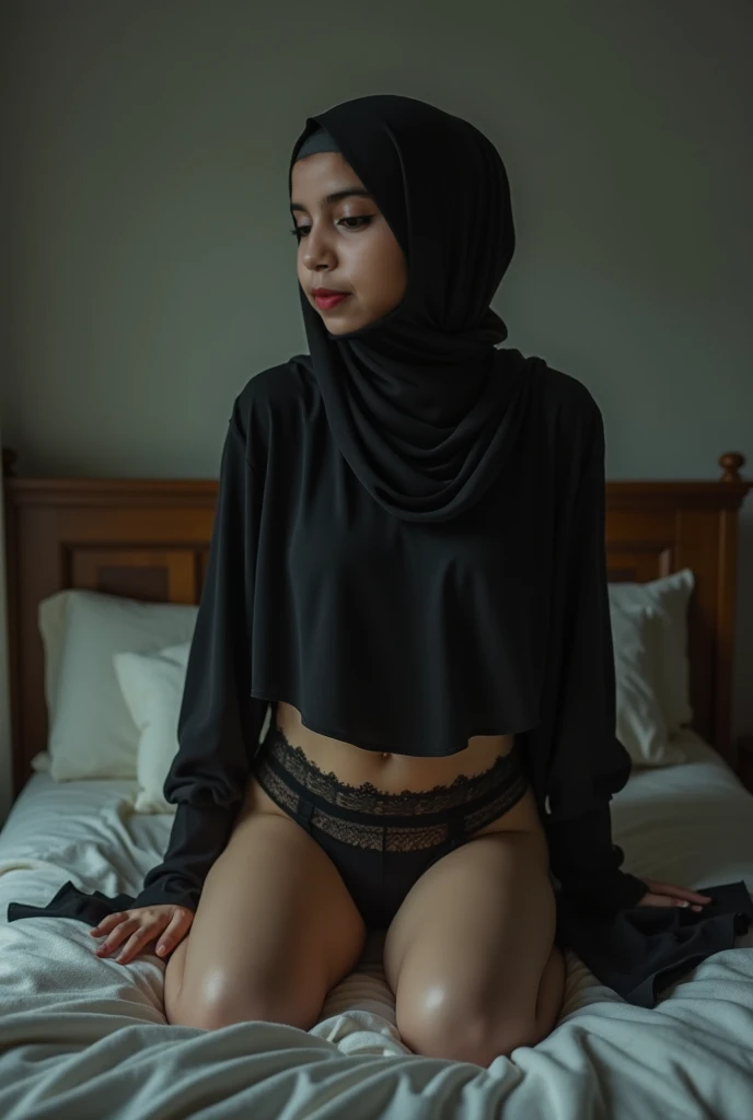 Hijab, bed, lace underwear, cameltoe, spreading legs, sad