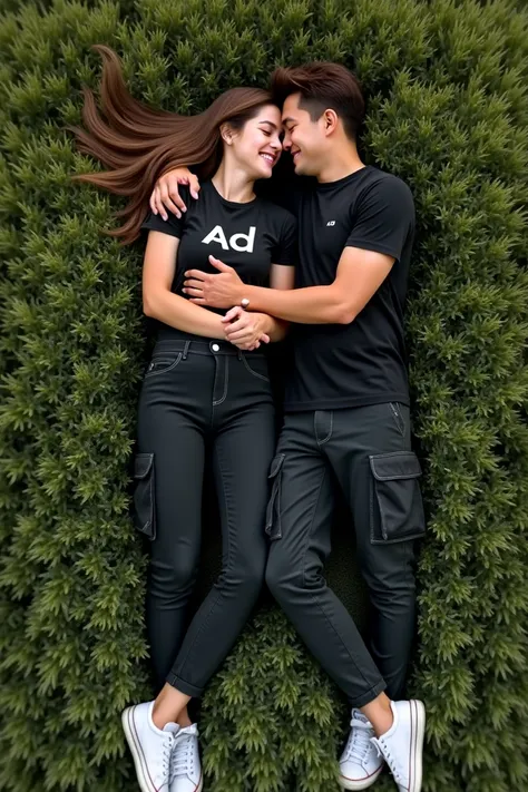 create a realistic image, a very romantic couple, smiling happily, wearing a black t-shirt with the "AD" logo, black cargo pants with lots of pockets, white sneakers, hugging and lying in the middle of the grass, the image looks very real, perfect face, UH...