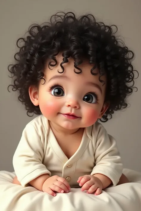 Realistic white baby with black curly hair in pajamas