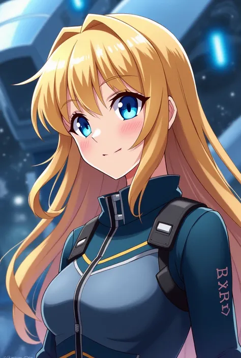 Anime portrait of a young blonde female Zaku 3 pilot named Astraea Kisaragi how would she look like?