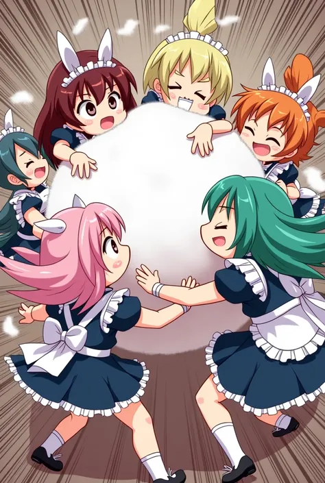 An anime-style comic depicting many animal-maids playfully wrestling with each other inside a room comical fight cloud.
each maid has different  colored hair.
their faces,hands,and feet are visible emerging from the cloud as they tussle humorously,  with t...