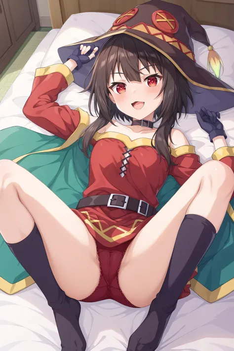 NSFW,masterpiece, best quality, high definition , Very detailed,Megumin( bless this wonderful world), short hair、 black hair、Red Eye、 side lock、 long rock, Knee Socks 、gloves、hat、 Red Dress 、黒いgloves、belt、黒い Knee Socks 、指なしgloves、Cape、first round、魔女のhat、ba...