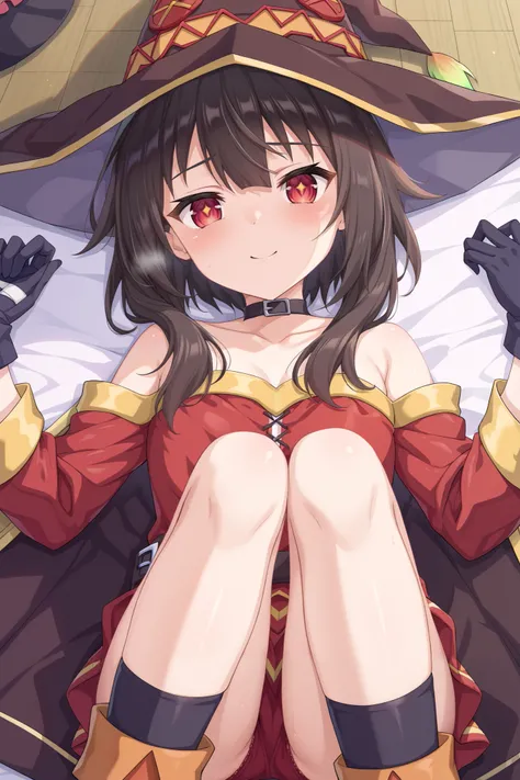 NSFW,masterpiece, best quality, high definition , Very detailed,Megumin( bless this wonderful world), short hair、 black hair、Red Eye、 side lock、 long rock, Knee Socks 、gloves、hat、 Red Dress 、黒いgloves、belt、黒い Knee Socks 、指なしgloves、Cape、first round、魔女のhat、ba...