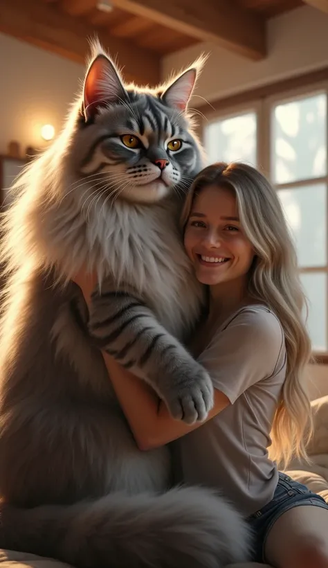 A massive Maine Coon cat with long, luxurious, silver-gray fur being held by a smiling woman indoors. The cat looks majestic and much larger than average, with tall ears, fluffy tail, and piercing yellow eyes. The woman has light-colored hair, wears casual...