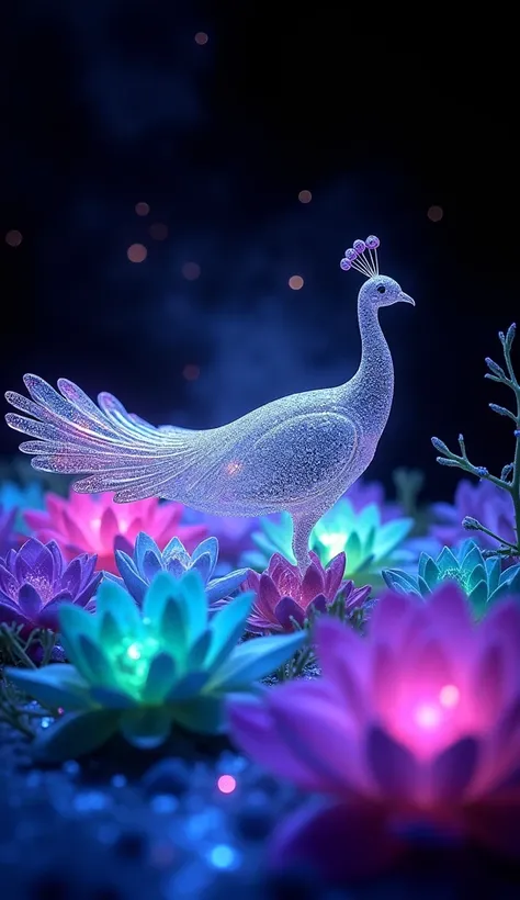   large glass peacock that emits fluorescent colors  、Made by AIS-RCN, 8K Photo, "words,     Beautiful large peacock   ,   taking off from a beautiful night sky   ,     dynamic depiction  、  powerful peacock pose 　 Delicate artwork and misty grass compleme...