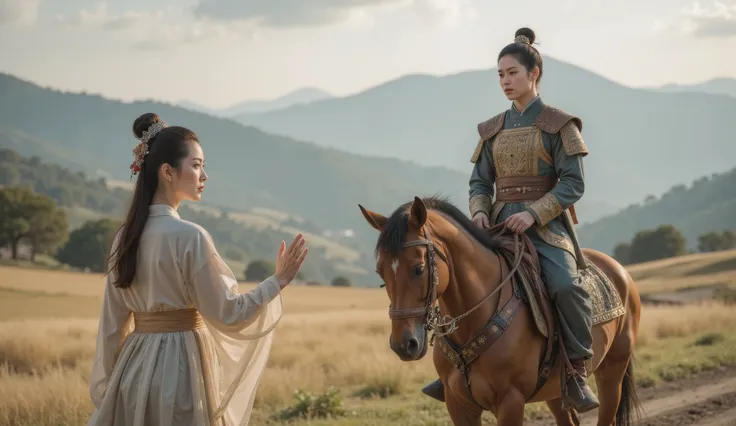 Tang Dynasty,Girl wearing Hanfu,男孩身披Tang Dynasty铠甲和(Leather Armor:1.1),,The boy rides a horse , and looks back at the girl , The eyes of the two are full of disappointment 。,Girl says goodbye with tears 。 and uses slow camera to capture the back of the boy...