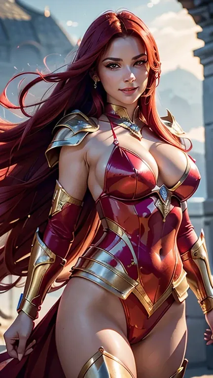  beautiful and elegant woman in bright red bikini armor 、 wield a sword and shield gracefully 、Smile heroically 、 wear stunning blue and gold armor 、 extremely large sensual bust 、 long flowing, fiery red hair with pink accents、 gorgeous princess night 、 c...