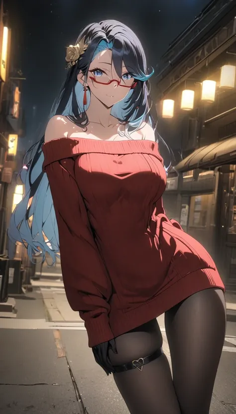 1 women, BREAK bare shoulders, collarbone, dress, long sleeves, off shoulder, off-shoulder dress, off-shoulder sweater, pantyhose, red sweater, sweater, sweater dress, thighs, long legs, big , skinny legs, anime cover, full body, night , street, best quali...