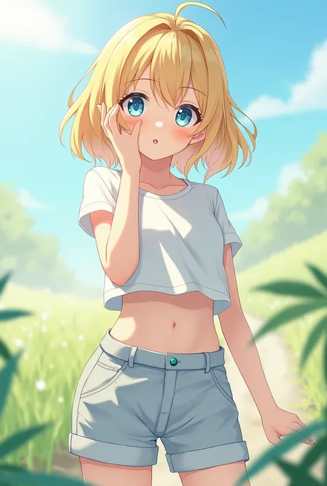 Create 2 character images combined into one character 1 rin kagamine 2 lumine,Sea blue eyes,White crop top,Sky gray shorts ,White shoes