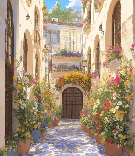  Spanish hotels 「Note」Entrance to 、 Spanish street musicians are playing in front of the entrance、 the audience is just three cats 、 the blazing sun carries summer breezes 、 on the hotel sign 「Note」、 flowers blooming in flower beds 、note、