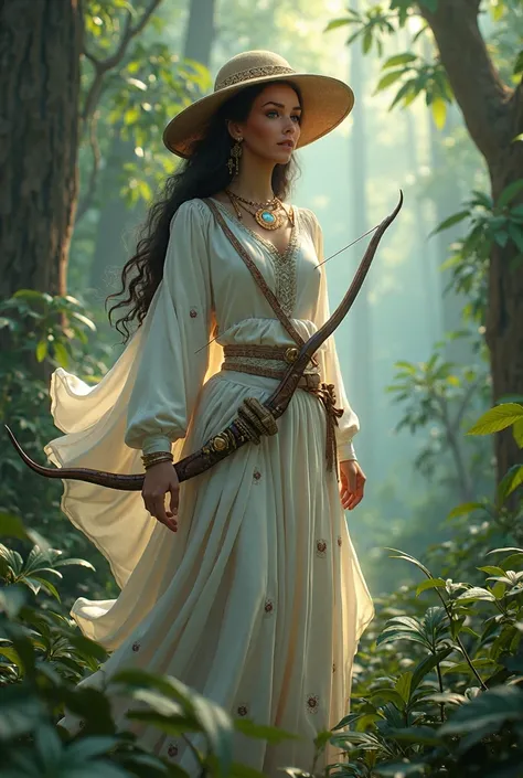 An Arab woman dressed in white with a bow and bow , Goddess of the Hunt, Female Forest Archer ,   poses with a hat on a gorgeous jungle ranger, Hunter woman in the forest, Fantasy Woman, Forest Goddess, In the Jungle, Epic 3D Oshun, Goddess of Nature, Quee...