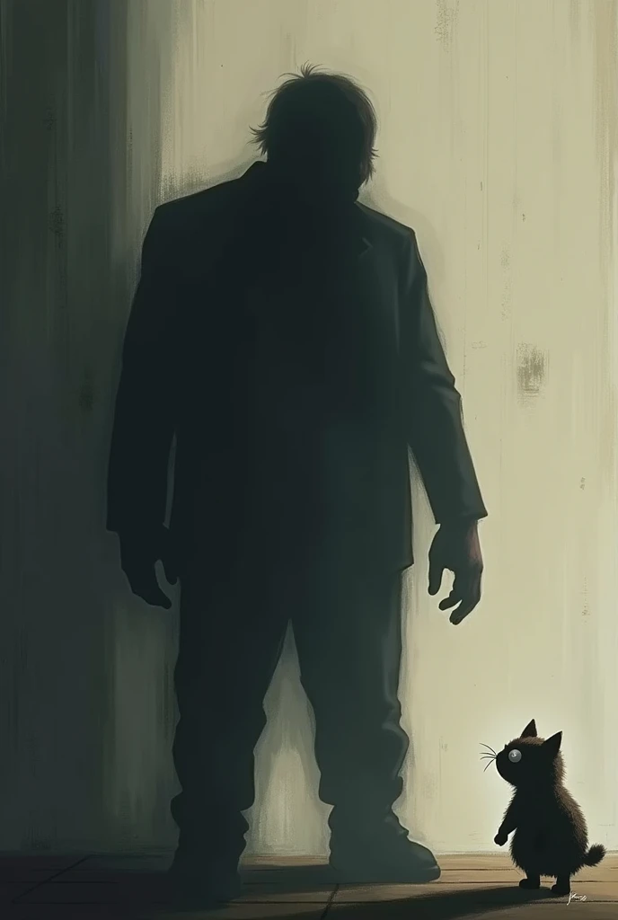 The obstructed silhouette of a man in the form of a shadow is scared by a cute thing