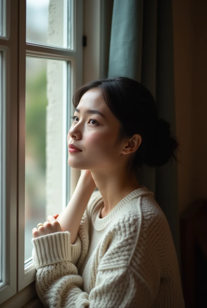 A 37-year-old woman with natural beauty, wearing a cozy sweater, looking out the window with a peaceful expression.