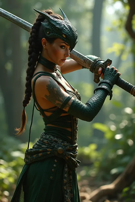  is a close-up of a woman holding a sword in the field ,  cinematic shot of a goddesss body, Hunter Aera ,   is based on the motif of a place where she poses for battle、The backrest is a complicated  ,  Hot Reptilian Human Woman , Lara Croft as Spider-Woma...