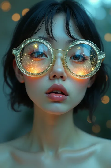 The model is wearing glass sunglasses with stars and the moon on the glass nude