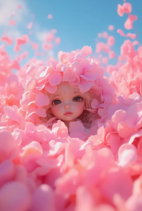  A girl buried in an excessive amount of petals 、Half of the screen is filled with petals 、 A girls face is coming out of a pile of petals、Chibi、Clear skies、