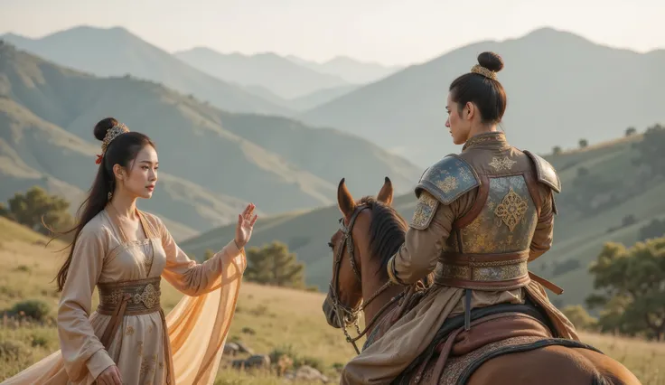 Tang Dynasty,Girl wearing Hanfu,男孩身披Tang Dynasty铠甲和(Leather Armor:1.1),,The boy rides a horse , and looks back at the girl , The eyes of the two are full of disappointment 。,Girl says goodbye with tears 。 and uses slow camera to capture the back of the boy...