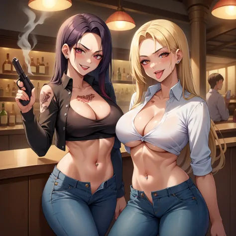  2girls, two girls, smirk, long hair, blush, lipstick, Hot girl, baddie, anime color, large breast,, smoking, sensual, attractive,bar background, inside bar,indoors, masterpiece,high quality,4k, bare
shoulder,belly,crop top,holding pistol,cleavage, unbutto...