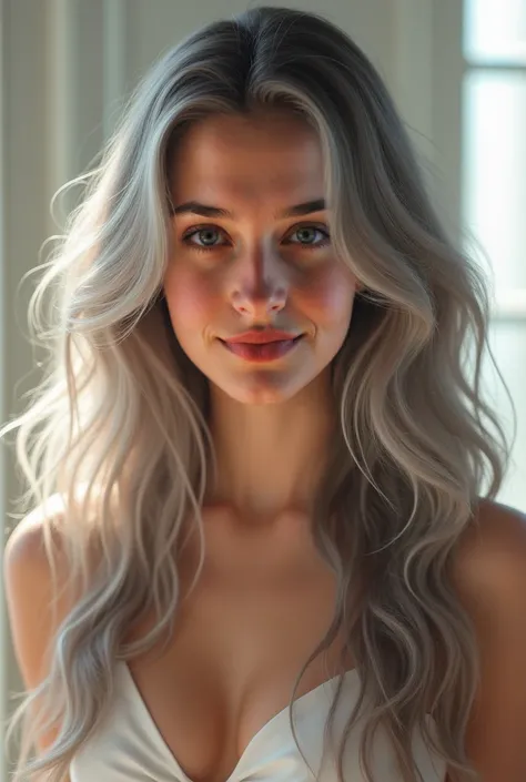 Create an image of a 17-year-old British girl with glowing skin and long, flowing gray hair. Her figure is perfectly balanced at 34-24-36 inches (bust-waist-hips), and she has a sweet yet hot expression with a confident smile. Her face is soft and attracti...